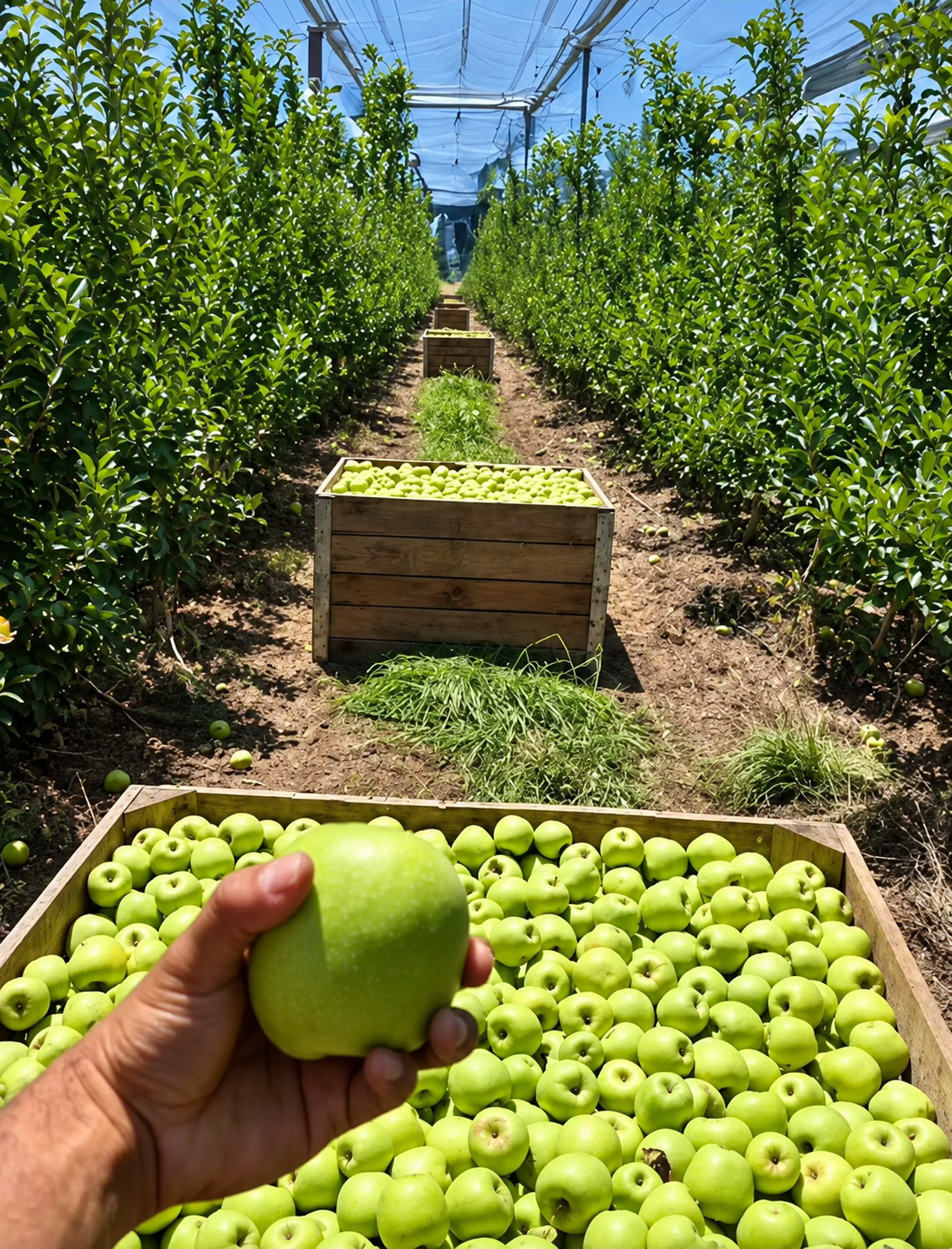 Manzana cosechada sobre un cajón de fruta en el huerto